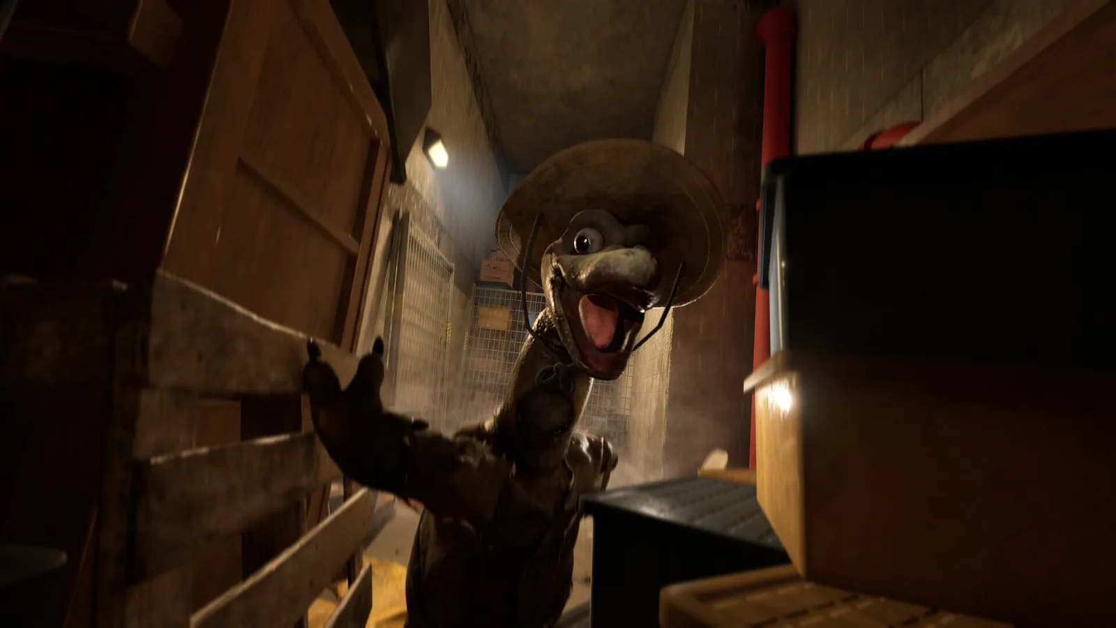 The Dilophosaurus mascot lunging out of a service corridor in Terrible Lizards
