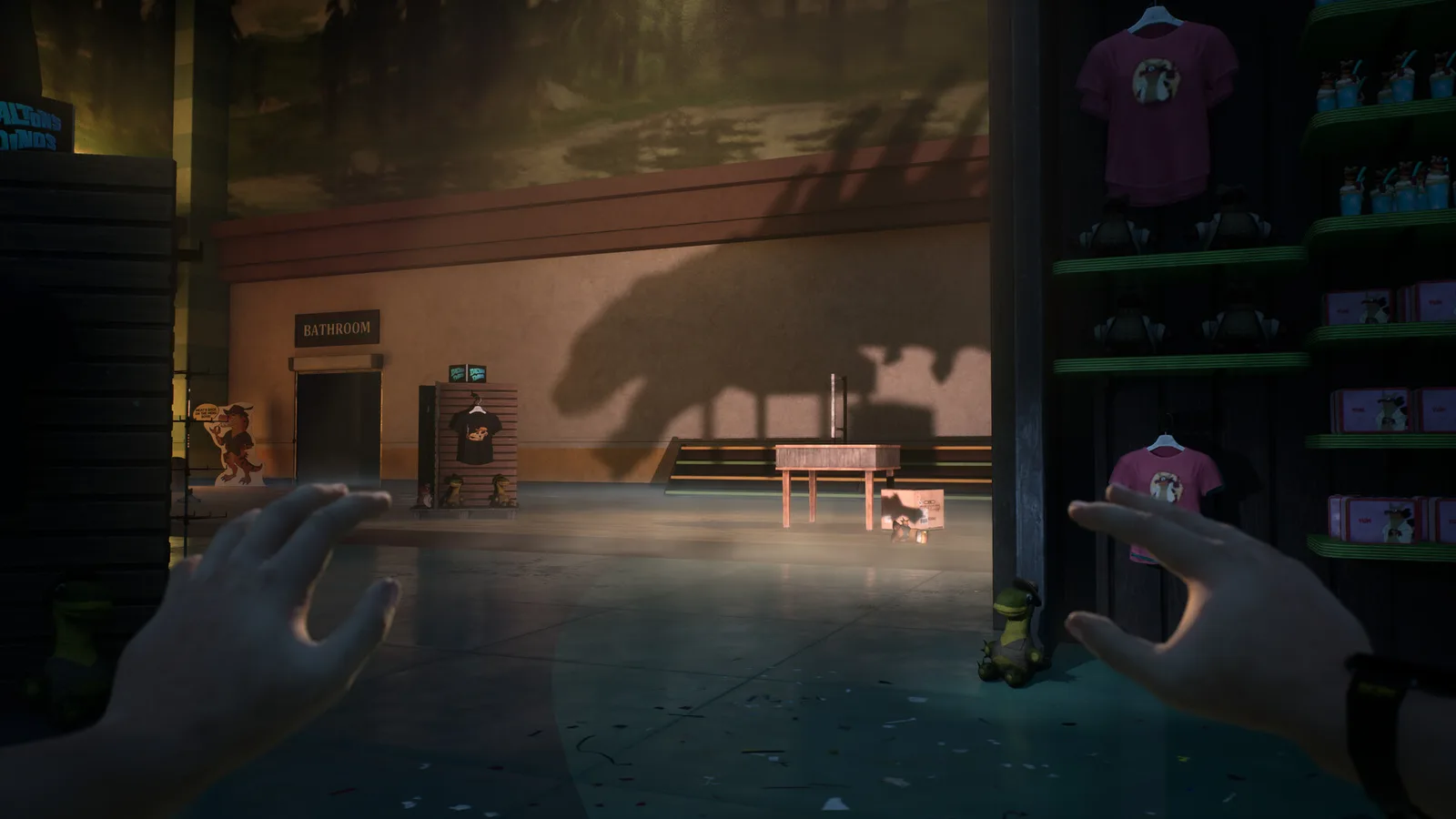 The gift shop at Dalton's Dinos, with a dinosaur shadow cast across the back wall
