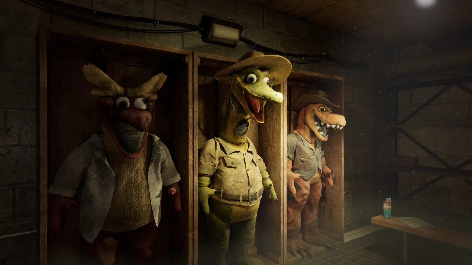 Three Paleo Pal mascot costumes hanging in a storage room