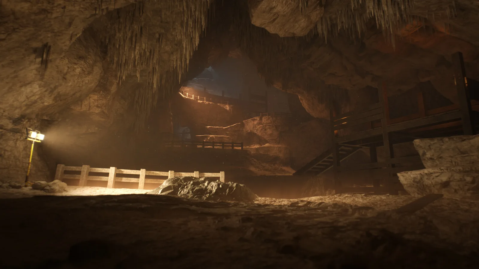 The cave system beneath Dalton's Dinos, lit by a single work lamp